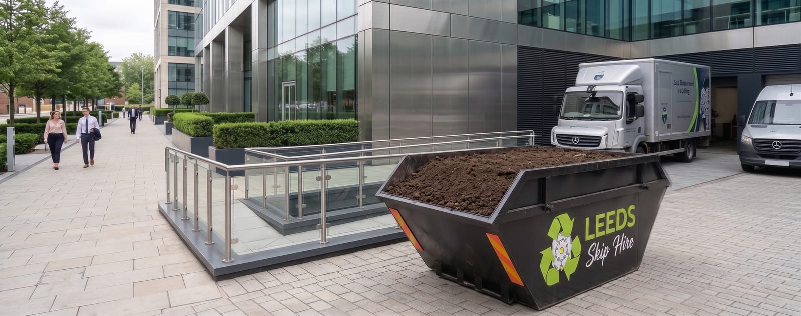A branded Leeds Skip Hire skip filled with soil outside a Leeds city-centre office, with our delivery lorry alongside